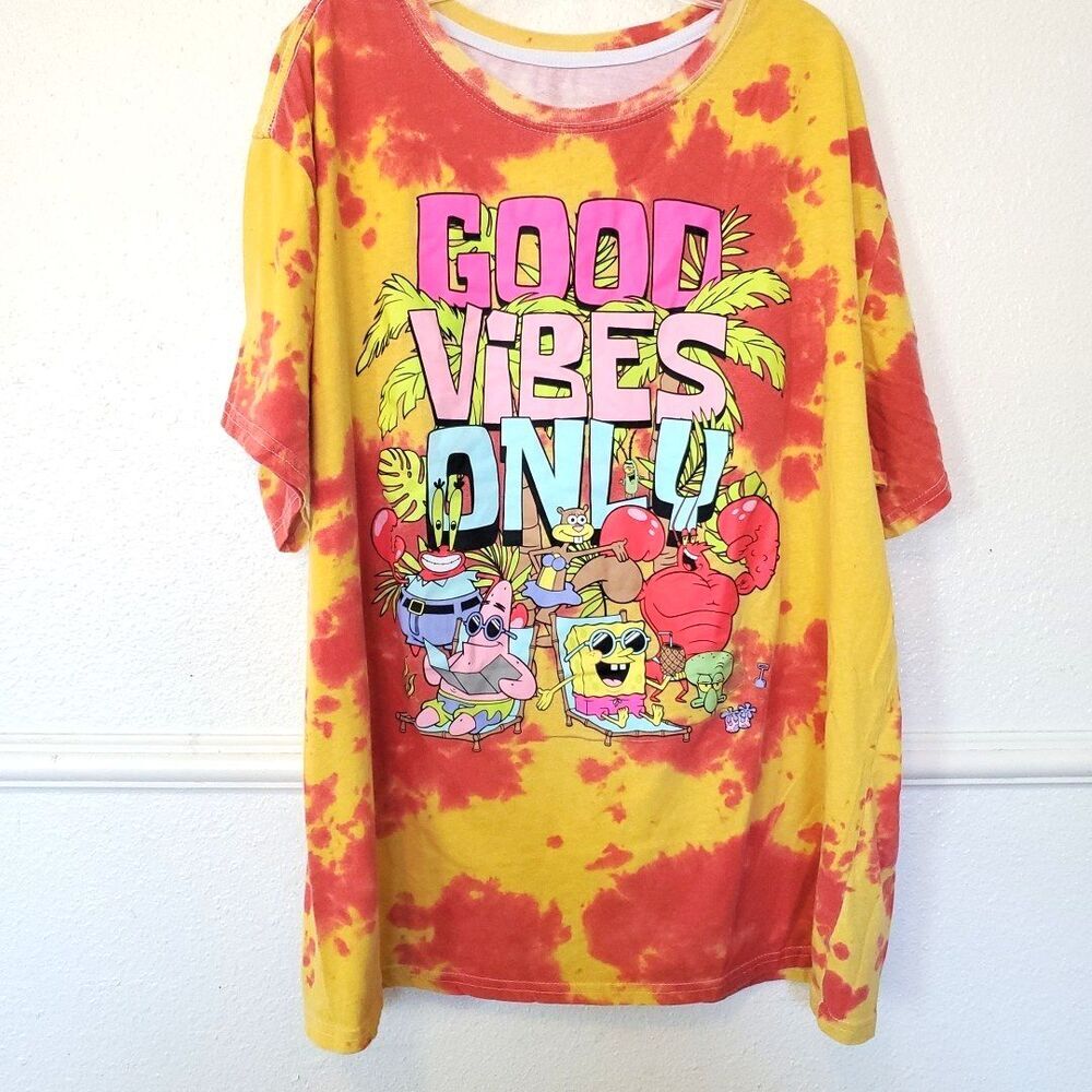Nickelodeon T-shirt Tie Dye Good Vibes Only SpongeBob Crew‎ Mens Size XL Orange